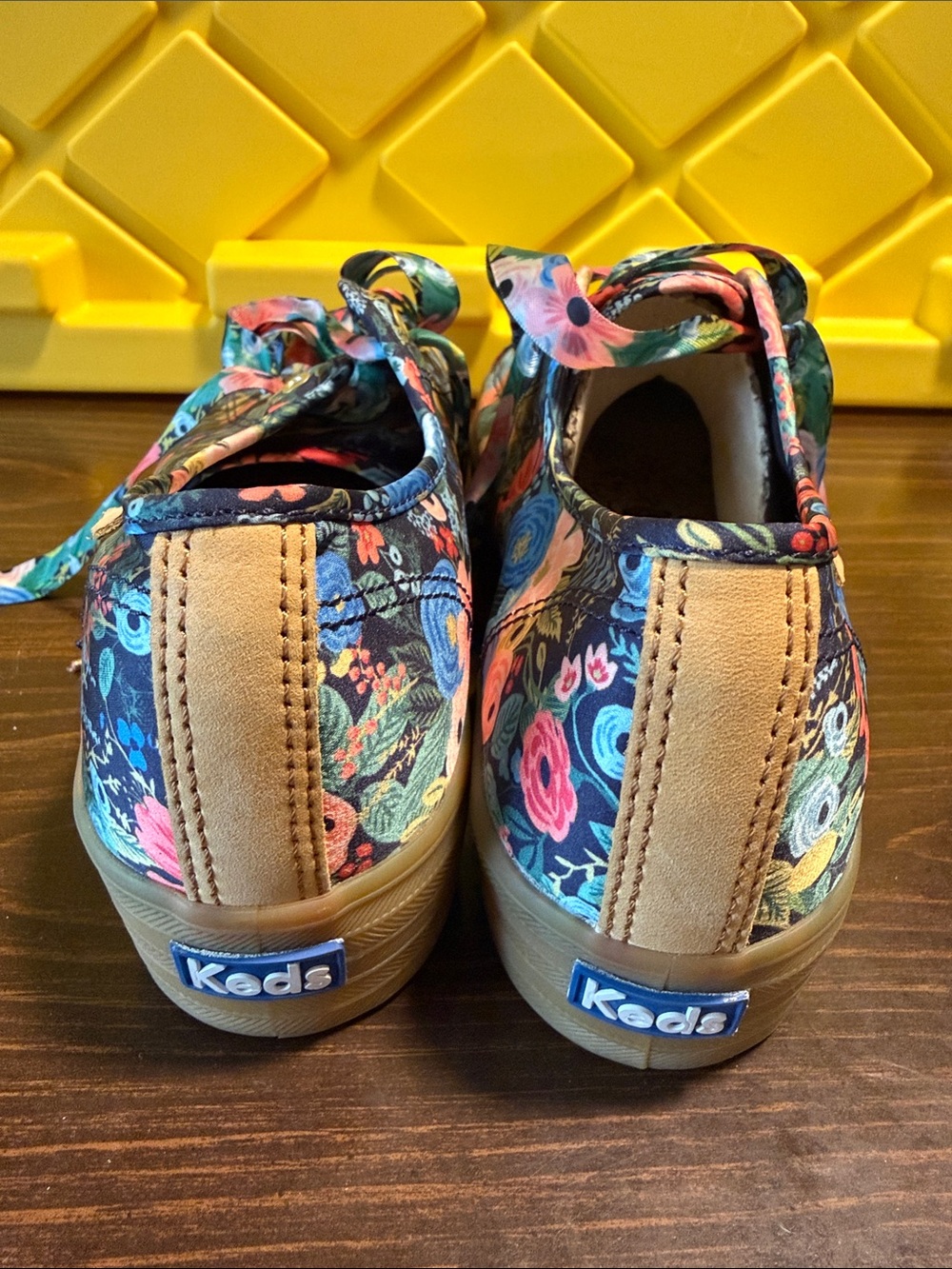 Keds Woman’s Floral Canvas Sneakers - Navy Multicolor with Tan Heel- Rifle Paper